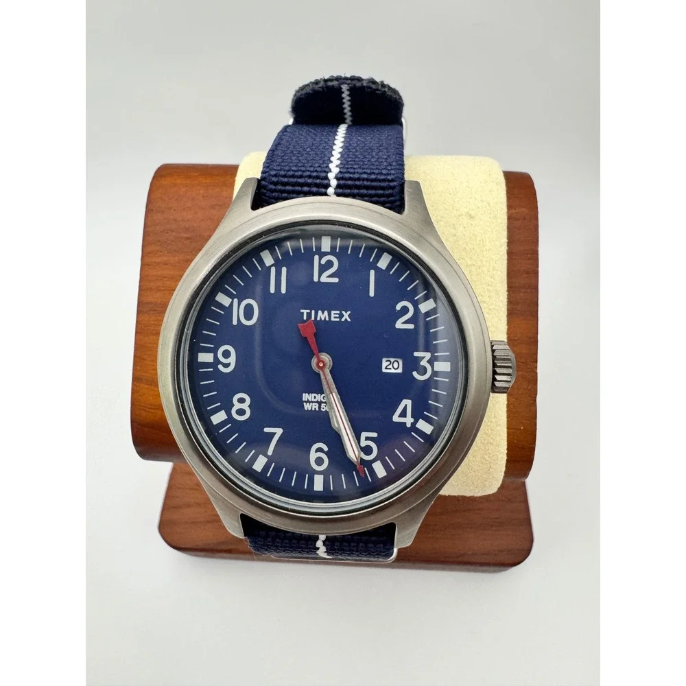 Timex x Express Mens Field Watch Blue Dial Nato Strap Indiglo WR 50M CR2016